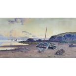 JOHN McDOUGAL large watercolour - shoreline with boats, figure mending lobster pots, signed and