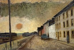 ‡ GEORGE CHAPMAN oil on board - Quay Parade, Aberaeron at sunset, with figures and car,