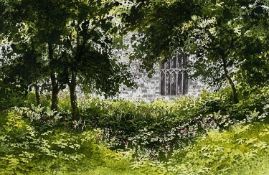 ‡ NAOMI TYDEMAN watercolour - church or cathedral garden with wildflowers and trees,