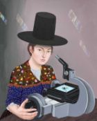 ‡ SEREN MORGAN JONES oil on canvas - figure wearing Welsh pipe-hat seated at a laboratory