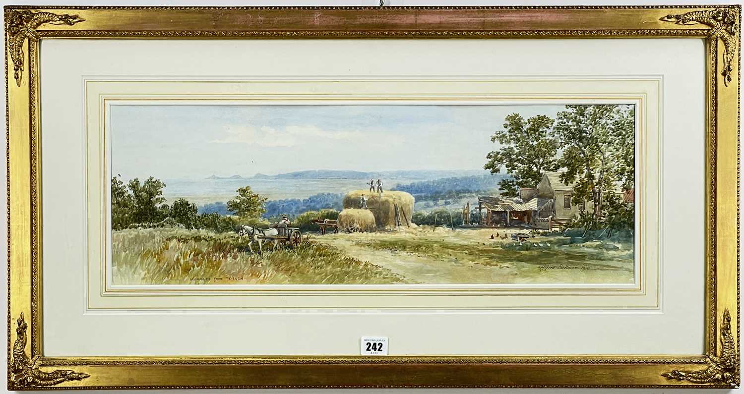 ALFRED PARKMAN watercolour - harvest scene with figures and horses, entitled 'Mumbles from Ty Coch', - Image 2 of 2