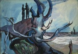 ‡ JOHN ELWYN ink and watercolour - entitled 'Tree Roots on the Banks of the Taff', signed and