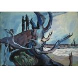 ‡ JOHN ELWYN ink and watercolour - entitled 'Tree Roots on the Banks of the Taff', signed and