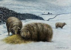 ‡ KEITH BOWEN pastel - upland winter landscape with sheep in snow, dry-stone wall and distant farm-