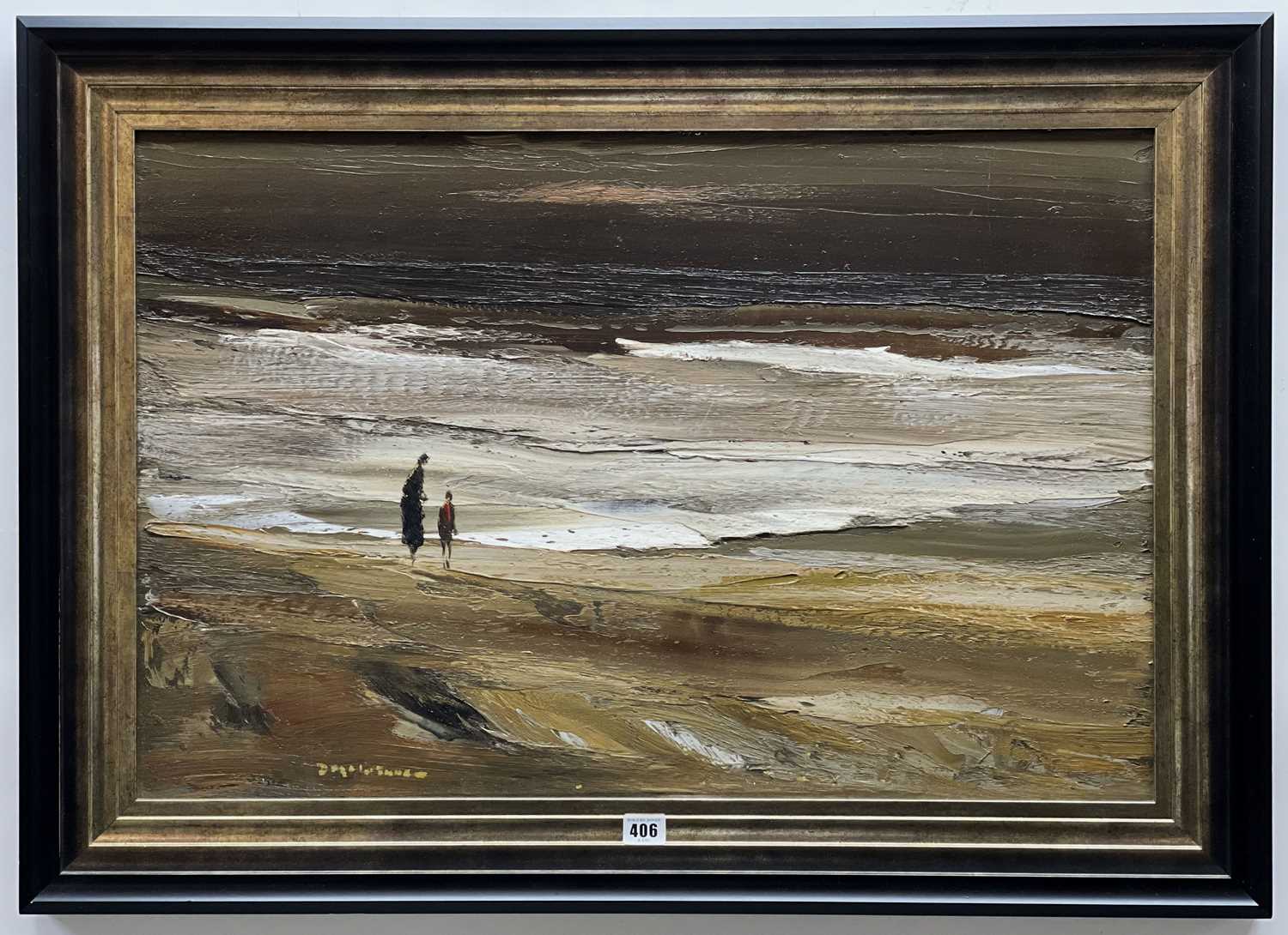‡ DONALD McINTYRE oil - dark sky, waves and beach with two standing figures of mother and child, - Image 2 of 2