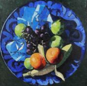 BRYN RICHARDS oil on canvas - still-life of fruit in blue bowl, from the artist's 'Bowl Series'