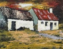 ‡ ANEURIN JONES mixed media - farm buildings, one with red roof, signedDimensions: 22.5 x 28.