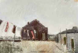 ‡ GORDON STUART mixed media - buildings and clothes on a washing line, signedDimensions: 47 x 66.