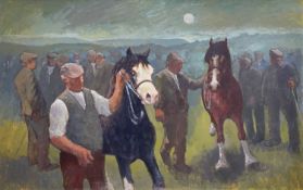 ‡ ANEURIN JONES large oil on board - brown and black Welsh cobs with handlers and crowd of figures