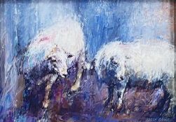 ‡ KEITH BOWEN acrylic on board - entitled verso 'Two Sheep', signedDimensions: 17 x