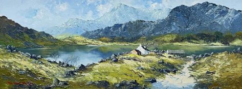 ‡ CHARLES WYATT WARREN oil on board - Eryri (Snowdonia) landscape with mountains, lake and