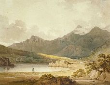 FRANCIS NICHOLSON watercolour - Eryri (Snowdonia) landscape with figure fishing on Llyn Mymbyr