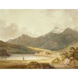 FRANCIS NICHOLSON watercolour - Eryri (Snowdonia) landscape with figure fishing on Llyn Mymbyr