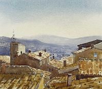 ‡ GARETH THOMAS watercolour - entitled verso 'Rooftops, Le Barroux', on Attic Gallery label,