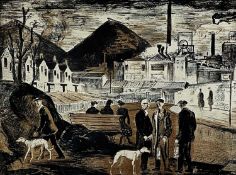 ARTHUR CHARLTON limited edition lithograph, 1960s - colliery town with miners holding lamps and with