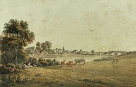 THOMAS HORNOR watercolour - figures resting, cattle grazing beside river, bridge and distant