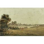 THOMAS HORNOR watercolour - figures resting, cattle grazing beside river, bridge and distant