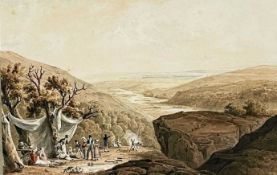 THOMAS HORNOR watercolour - group of figures camping or picnicking on a ridge, titled 'Vale of Neath