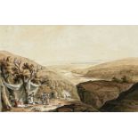 THOMAS HORNOR watercolour - group of figures camping or picnicking on a ridge, titled 'Vale of Neath