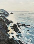 ‡ GWYN ROBERTS oil on canvas - coastal scene entitled verso 'Llangrannog, Ceredigion', signed with