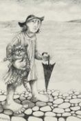 ‡ MURIEL DELAHAYE pencil and charcoal - entitled verso 'Woman with Brolly and Cat',