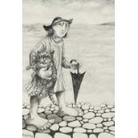 ‡ MURIEL DELAHAYE pencil and charcoal - entitled verso 'Woman with Brolly and Cat',