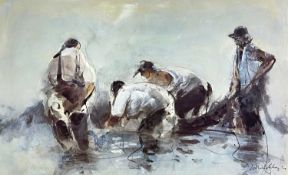 ‡ WILLIAM SELWYN limited edition (40/500) colour print - four fishermen hauling net, signed fully in