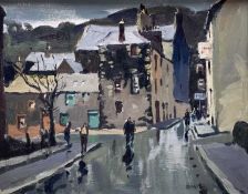 ‡ DONALD McINTYRE oil on board - handwritten title verso 'Wet Day, Bangor', signed with