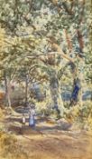 ALFRED PARKMAN watercolour - mother and child on a woodland path with mill, entitled 'Black Pill',