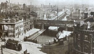 UNKNOWN sepia photographic print laid to board - historical view of central Cardiff with the Central