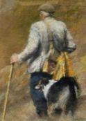 ‡ KEITH BOWEN pastel and gouache - shepherd walking with sheepdog, signed and dated