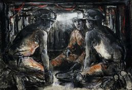 ‡ VALERIE GANZ mixed media - three miners underground in discussion, entitled verso 'Conference in