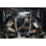 ‡ VALERIE GANZ mixed media - three miners underground in discussion, entitled verso 'Conference in