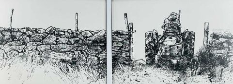 ‡ KEITH BOWEN diptych pen and ink on Schoellershammer 6G paper - drystone wall and farmer on tractor