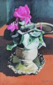 BRYN RICHARDS oil on board - still-life of cyclamen in a vase on silver tray, signedDimensions: 61 x