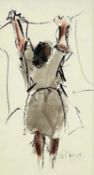 ‡ MIKE JONES pastel and watercolour - figure hanging washing, signedDimensions: 26 x