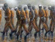 ‡ VALERIE GANZ oil on canvas - group of marching miners with headtorches, entitled verso 'Hi