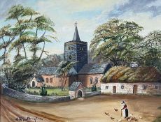 ALFRED WORTHINGTON oil on board - Llanbadarn Fawr church, Aberystwyth, with Black Lion pub and