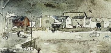 ‡ JOHN KNAPP-FISHER mixed media - harbour with buildings and boats, signed and dated 1975