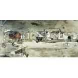 ‡ JOHN KNAPP-FISHER mixed media - harbour with buildings and boats, signed and dated 1975