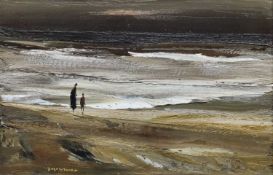 ‡ DONALD McINTYRE oil - dark sky, waves and beach with two standing figures of mother and child,