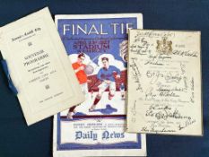 1927 FA CUP FINAL PROGRAMME, SIGNED MENU CARD & TRAVEL ITINERARY Cardiff City v Arsenal, the