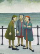 ‡ MURIEL DELAHAYE oil on canvas - three figures on a promenade, entitled verso 'Gossips',