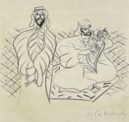 ‡ CERI RICHARDS CBE black crayon on paper - two figures, in Arabian dress, one seated with harp, the