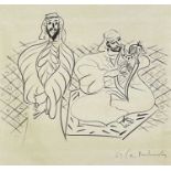 ‡ CERI RICHARDS CBE black crayon on paper - two figures, in Arabian dress, one seated with harp, the