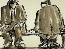 ‡ MIKE JONES ink and wash - entitled verso 'Men on Bench', signedDimensions: 18.5 x