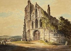 EDWARD DAYES watercolour - view of Llandaff Cathedral, two figures on horseback, circa
