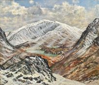 ‡ MOSS WILLIAMS oil on board - Snow on Welsh mountains, entitled verso 'Yr Wyddfa, Cwmtreweryn a