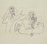 ‡ CERI RICHARDS CBE black crayon on paper - two figures, wearing Arabian dress, one seated with