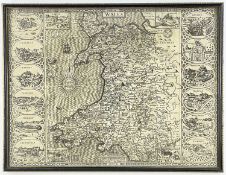 JOHN SPEED antiquarian map of Wales, titled 'Wales' and flanked by twelve oval vignettes of the